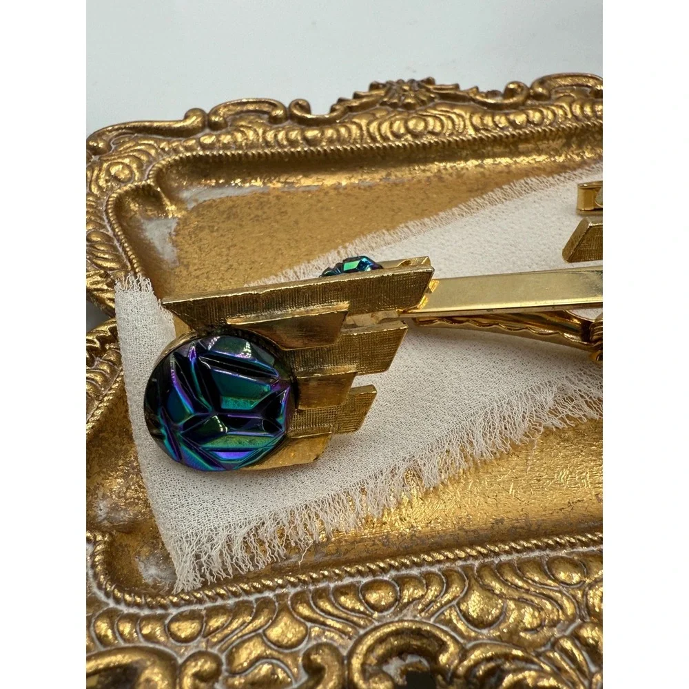 Vintage MCM Gold Tone Wing Cufflink and Tie Clip Set Aurora Borealis Glass Stone